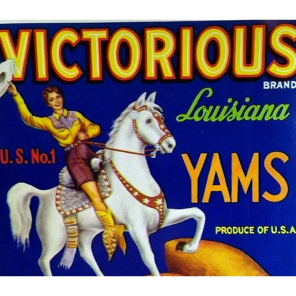 Victorious Cowgirl White Horse Western Cowboy Yams Label Vintage Original 1950's